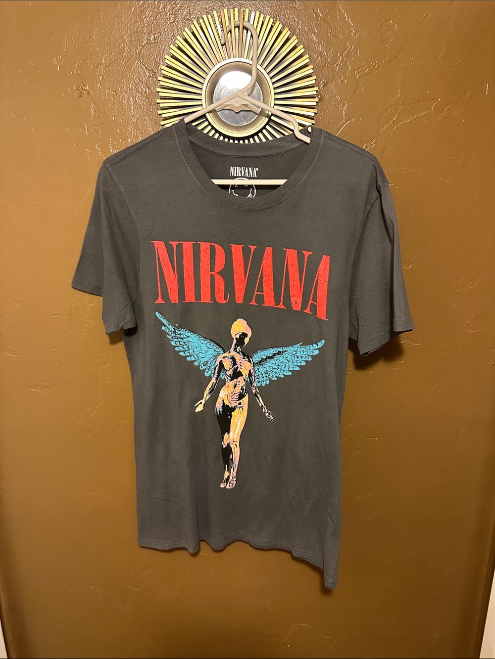 NIRVANA Gray Tee with Red Logo and Blue Wing Angel